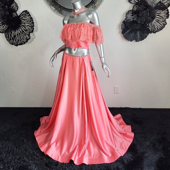 NWT~$495~2CUTE~6/8~CORAL 2 PIECE CROP TOP RHINESTONE BEADED MAXI PROM DRESS - Picture 1 of 16